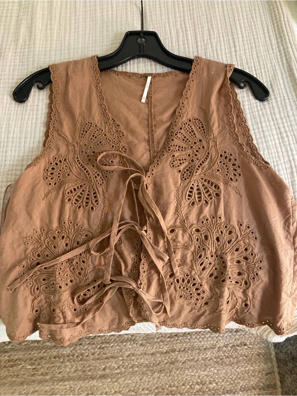 Free People Brown Lace-Up Eyelet Sleeveless Top